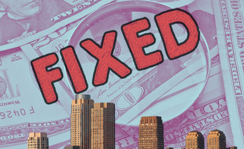 The word "fixed" is overlaid on top of a Bronx city skyline with a background of $20 bills.