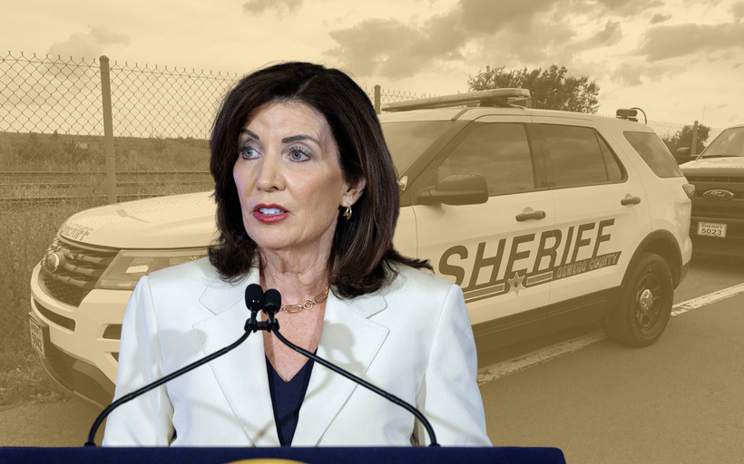 A photo collage of Governor Kathy Hochul in the foreground, over a yellow-tinted photo of an Oswego Sheriff's car in the background.