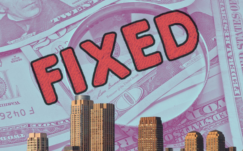 The word "fixed" is overlaid on top of a Bronx city skyline with a background of $20 bills.