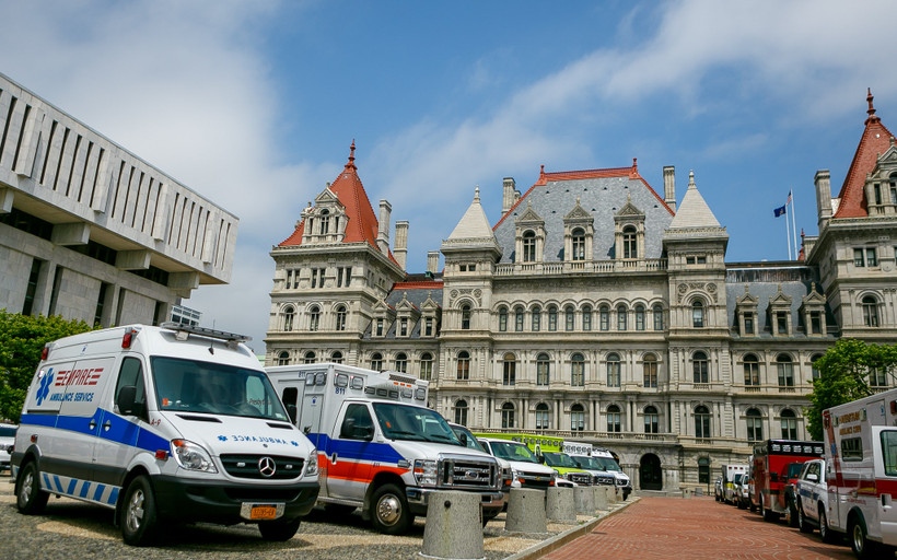 Ambulances in front of the NY State Capitol Building in Albany.