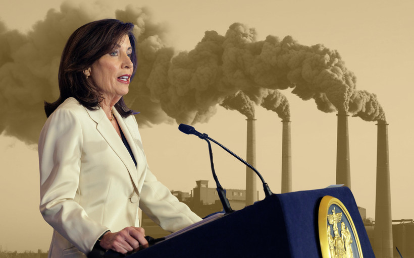 A photo collage of Governor Kathy Hochul in front of a yellow-tinted photo of four smokestacks.