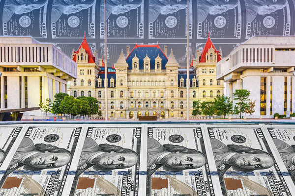 Albany Capitol superimposed over 100 dollar bill money printer