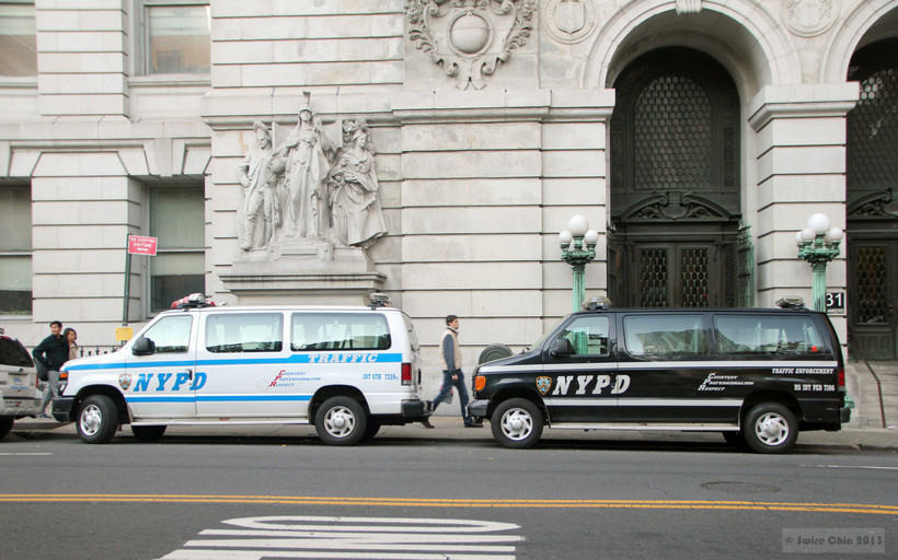 NYPD Vans in front of the New York County Surrogate's Court at 31 Chambers Street.