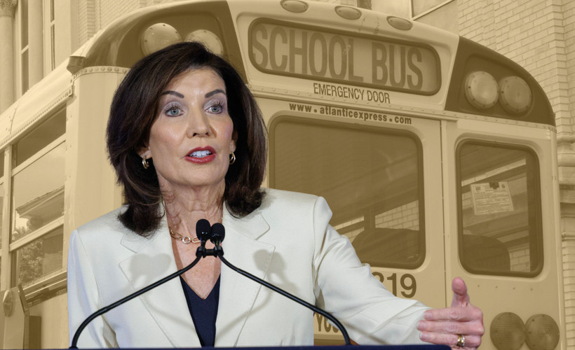 A photo collage of Governor Kathy Hochul in the foreground, with a yellow-tinted photo of a school bus in the background.