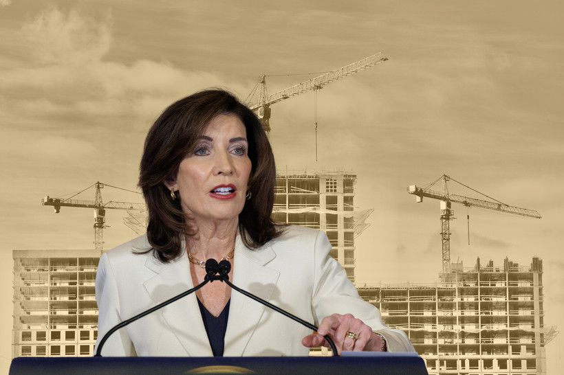 A photo collage of Governor Kathy Hochul in front of a yellow-tinted photo of three new apartment buildings under construction.