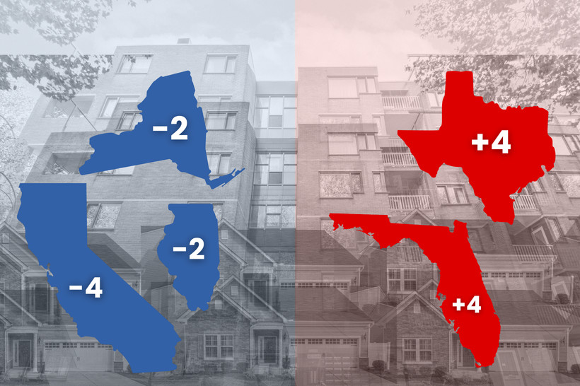 Red states and blue states superimposed over housing.