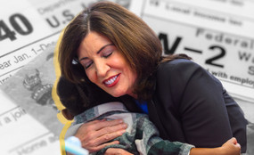 Photo collage of Kathy Hochul hugging a young child, background image of tax forms.