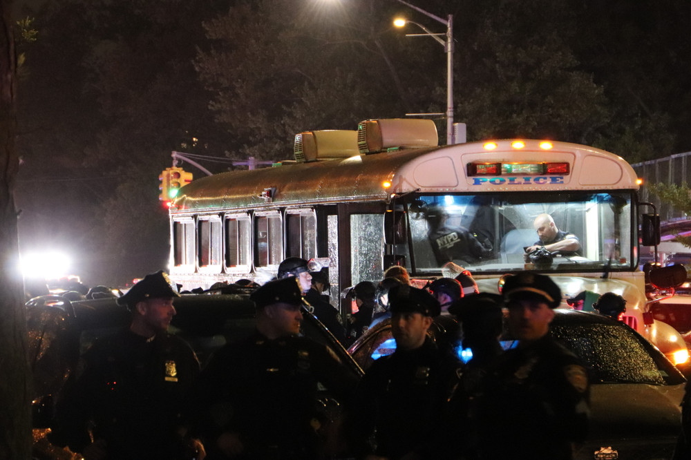 A police bus outside City College of New York on April 30, 2024.