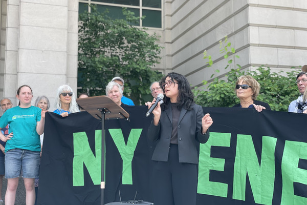State Assemblymember Claire Valdez speaks at a rally in front of people holding a banner that reads "NY Renews."