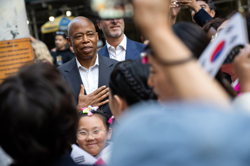 NYC Mayor Eric Adams delivers remarks at a flag-raising ceremony for the Republic of Korea in Bowling Green Park, NYC.