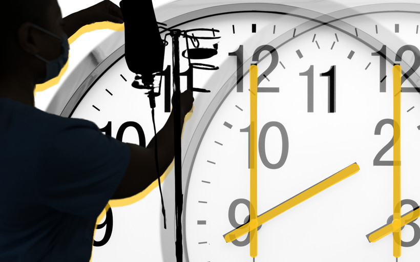 Photo collage of a home health aide fixing a dextrose IV bag, with a background of two large analog clocks showing a late hour.