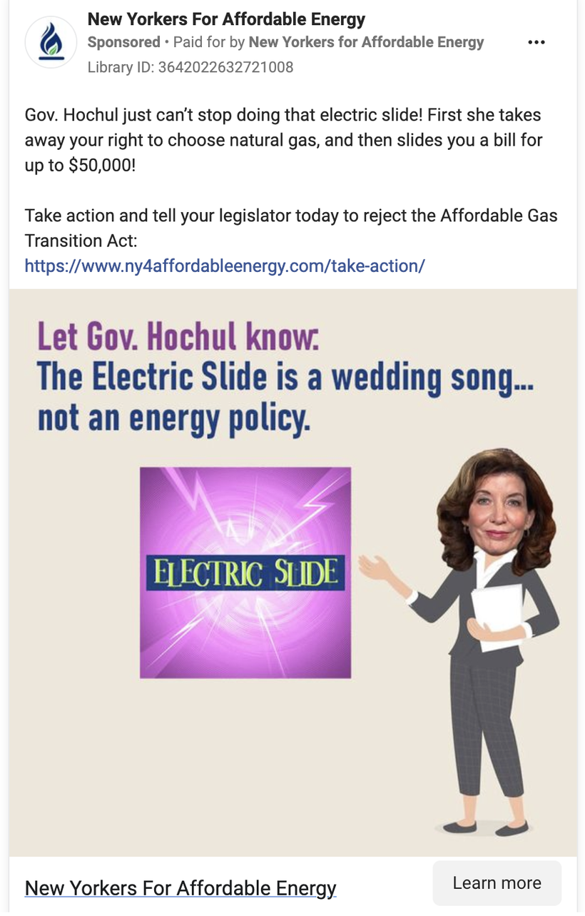 A Facebook ad from New Yorkers for Affordable energy that states, "Let Gov. Hochul know: The Electric Slide is a wedding song... not an energy policy."