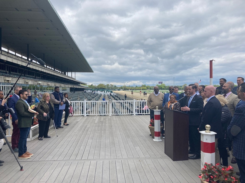 Politicians hold a press conference at Belmont Park on May 4, 2023.