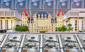 Albany Capitol superimposed over 100 dollar bill money printer