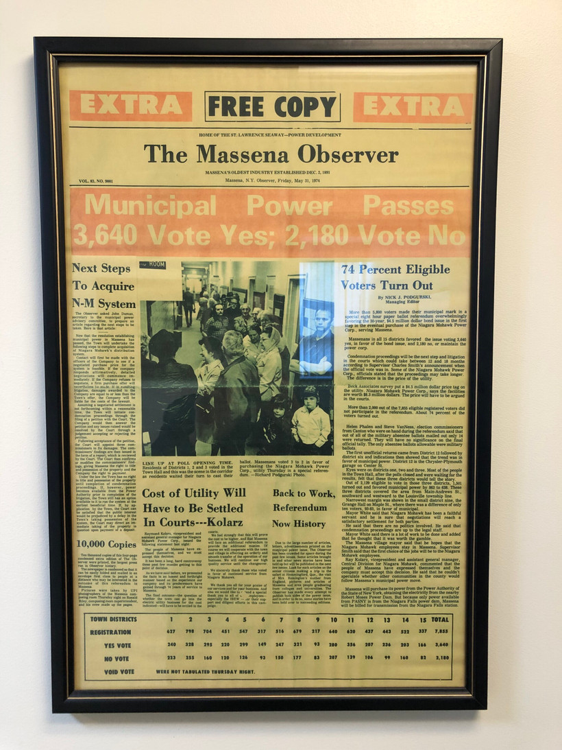Framed photo of the front page of The Massena Observer on May 31, 1974.