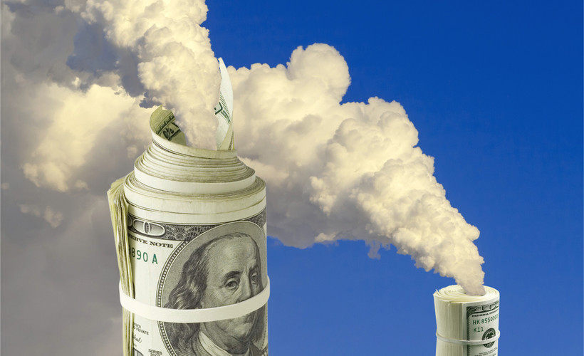A digital illustration shows two rolls of $100 bills spewing natural gas emissions over a blue sky.