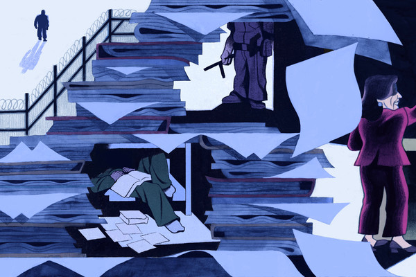 An illustration shows figures walking along next to a barbed wire fence, a large pile of paperwork, a person in a green prison uniform lying down with a book on top of them, a guard holding a baton stick and a woman in a red suit waving her hand while standing at a podium.