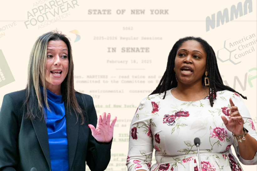 Senator Monica Martinez (left) and Assemblymember Chantel Jackson (right) in an illustration showing legislative text and logos in the background
