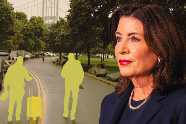 A photo illustration showing Governor Kathy Hochul's face and migrants walking down a NYC street.