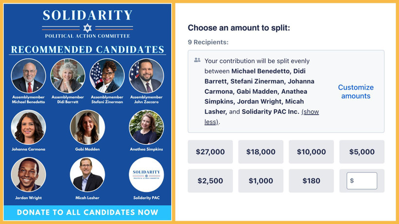 Screenshots from Solidarity PAC's website, which directs users to split donations among the PAC's endorsed candidates. The first screenshot is a list of recommended candidates, and the second screenshot is the donation page.