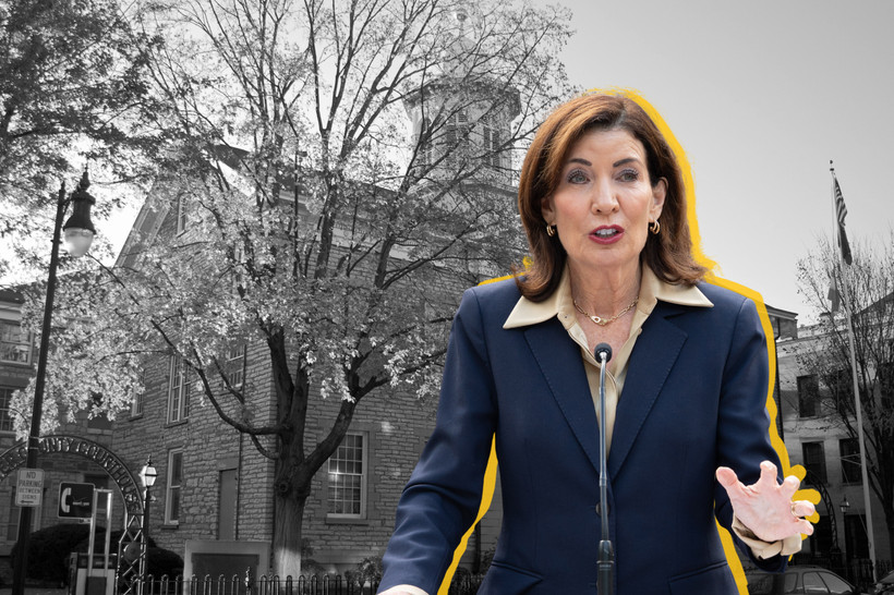 A photo collage of Kathy Hochul standing in front of the Ulster County Courthouse.