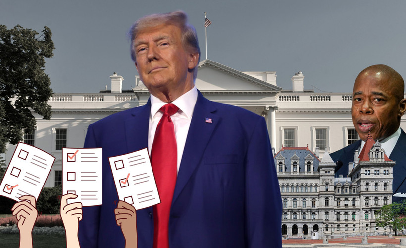 A photo illustration showing President Donald Trump and NYC Mayor Eric Adams with backgrounds of the White House and Albany Capitol Building.