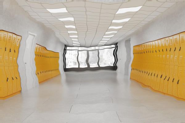 A school corridor lined with yellow lockers is distorted as though underwater.
