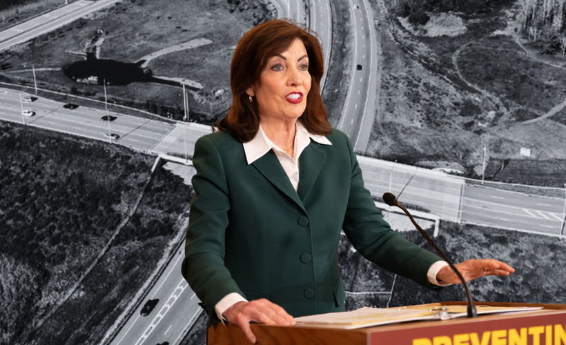 A collage of Hochul and the route 17 highway