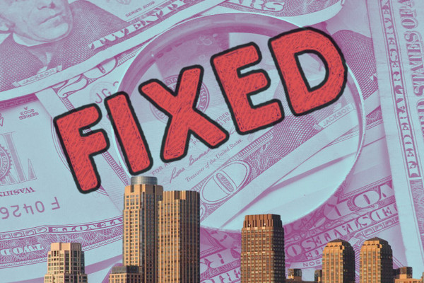 The word "fixed" is overlaid on top of a Bronx city skyline with a background of $20 bills.