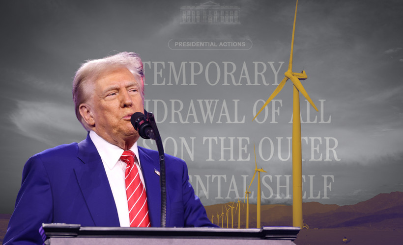 Photo collage of President Donald Trump standing in front of several windmills. Faded in the background, the text of the executive order reading, "Temporary Withdrawal of All Areas on the Outer Continental Shelf from Offshore Wind Leasing and Review of the Federal Government’s Leasing and Permitting Practices for Wind Projects."
