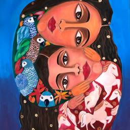 Depicted is an oil on canvas painting, where a mother is shown embracing her son. Her head leans to the right and lies on top of his, which leans to the left.