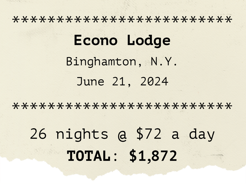 Illustration of a receipt with the text: Econo Lodge. Binghamton, New York. June 21, 2024. 26 nights @ $72 a day. TOTAL: $1,872.