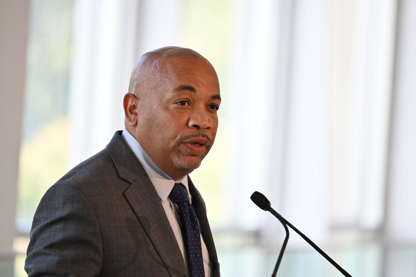 New York Assembly Speaker Carl Heastie speaking at a press conference in 2021