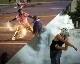 The image is split diagonally. In the top triangle of the image, a Black man holds a smoking gas canister. In the bottom triangle of the image, a Palestinian man is in a throwing stance, surrounded by smoke.