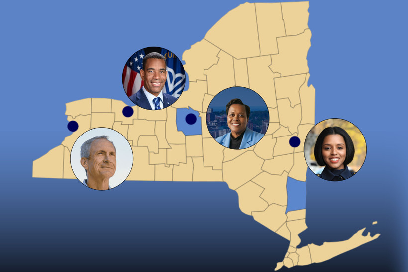 A map of New York state, with some headshots of successful candidates