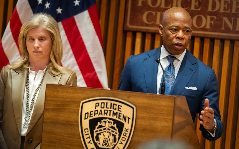 Mayor Eric Adams and NYPD Commissioner Jessica Tisch at a press conference