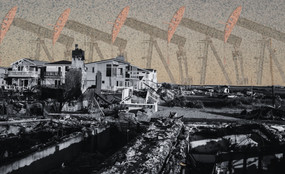 A house damaged by a storm, set against a background of oil rigs.