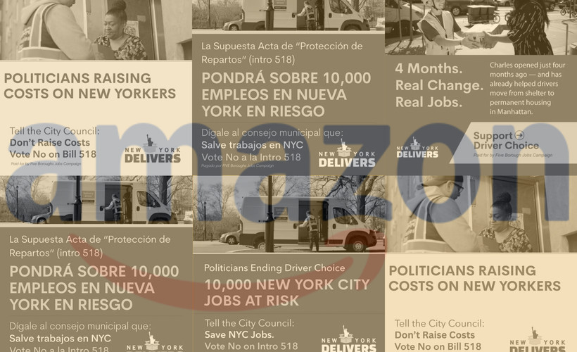 Six side-by-side fliers depicting delivery workers with slogans such as "Politicians raising costs on New Yorkers" and "10,000 New York City Jobs at Risk," show the logo of a group called "New York Delivers." The fliers are transparent, revealing a large Amazon logo underneath.