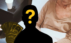A person witting in a bed receiving home care. A silhouette of a figure with a question mark over their face holds out a handful of money.