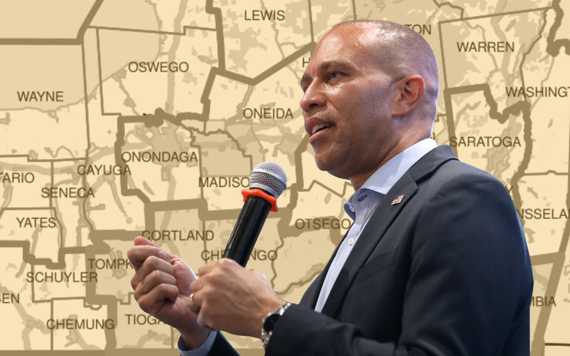 Photo of House Minority Leader Hakeem Jeffries overlaid on top of a map of New York state congressional districts.