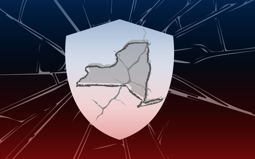 The outline of New York state, inside a badge, with a cracked effect on top and a blue and red gradient background.