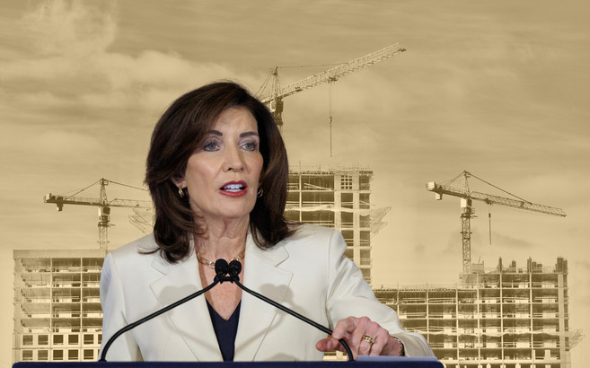 A photo collage of Governor Kathy Hochul in front of a yellow-tinted photo of three new apartment buildings under construction.