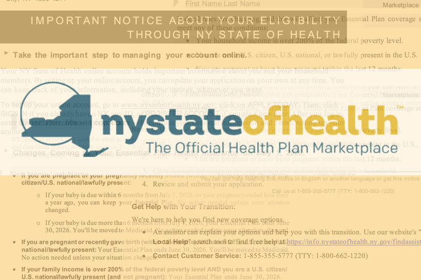 An illustration showing the New York State of Health logo and paperwork bearing several messages around essential plan eligibility and plan termination.