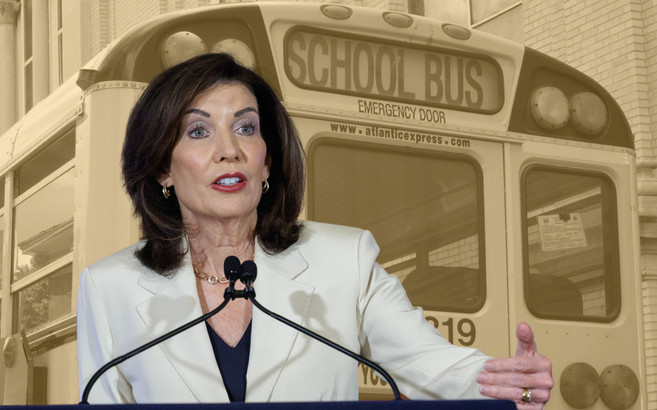 A photo collage of Governor Kathy Hochul in the foreground, with a yellow-tinted photo of a school bus in the background.