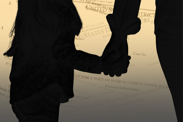 A zoomed-in silhouette of a child and adult holding hands. In the background, paperwork for habeas corpus petitions.