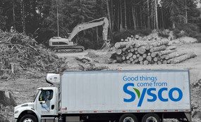 A Sysco truck against a background of logging