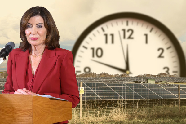 Governor Kathy Hochul stands at a podium in front of a field of solar panels. In the background, a large, looming clock ticks close to midnight.