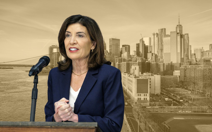 Photo collage of Governor Kathy Hochul in front of a yellow-tinted photo of New York City.