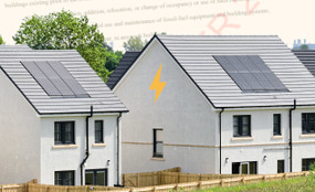 An illustration of a house with solar panels and a charging sign on it, with text from New York’s draft all-electric building code in the background