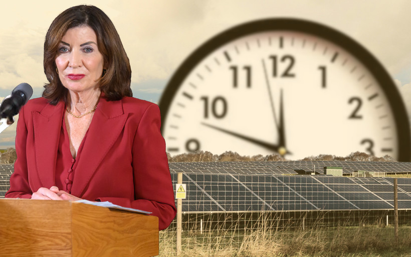 Governor Kathy Hochul stands at a podium in front of a field of solar panels. In the background, a large, looming clock ticks close to midnight.